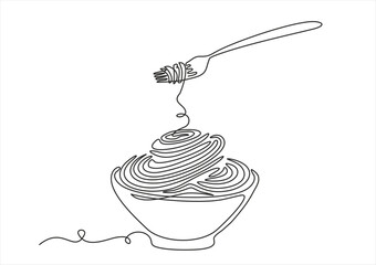 Single continuous line drawing of delicious spaghetti with fork. Italy pasta noodle restaurant concept for cafe, shop or food delivery service.Hand drawn one line vector. Editable stroke	
