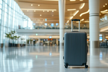 A grey luggage in the airport sitting on the floor with blurred airport background.