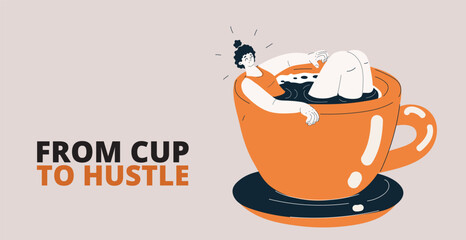 Cartoon vector illustration of a woman relaxing in a giant coffee cup, representing a comforting morning ritual and preparation for a busy day