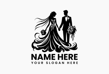 Elegant black silhouette vector logo of a modern wedding couple holding hands with floral accents. Wedding concept