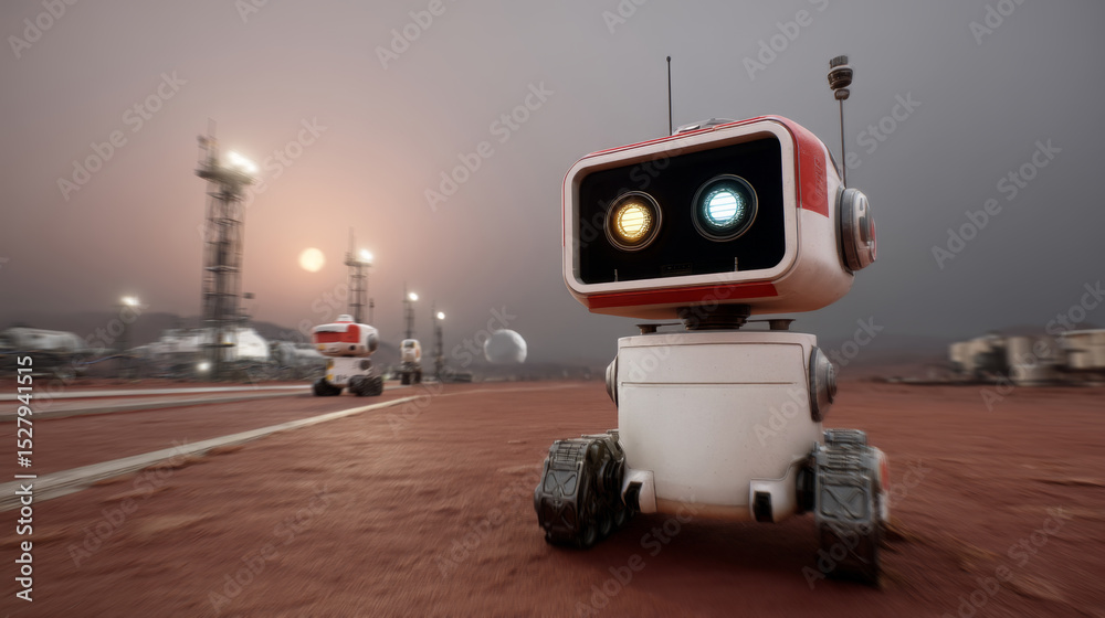 Aufkleber Small robotic explorers navigate the rugged terrain of an alien planet, searching for signs of life and conducting essential exploratory tasks under a dusky sky at twilight.