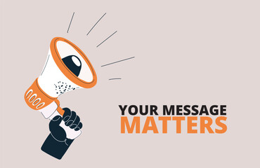 Cartoon vector illustration of a hand holding a megaphone, representing advocacy, public announcements, and raising awareness