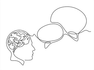 Continuous line drawing of head of a man with speech bubble is drawn by a single black line on a white background. Hand drawn one line vector. Editable stroke	