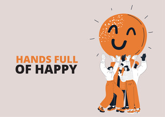 Cartoon vector illustration of a group of people raising a giant smiley face, representing collective joy, support, and emotional well-being