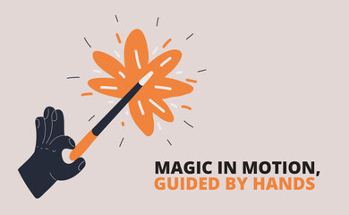 Cartoon vector illustration of a hand casting a spell with a magic wand, representing inspiration, transformation, and creative energy