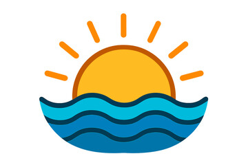 Sunset over the ocean cartoon illustration vector icon, showing horizon and ocean waves with sunlight, summer concept