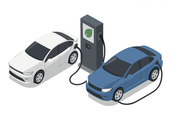 Electric vehicles charging at a station with leaf symbol, isolated isometric cartoon vector illustration icon