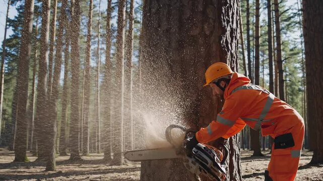 Professional lumberjack wearing protective orange gear cutting massive pine tree with chainsaw in dense woodland during logging operation, showing forestry safety practices