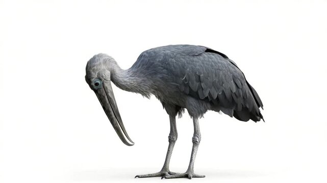Isolated shoebill stork standing elegantly against a bright white background, detailed plumage