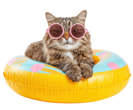 Cat enjoying summer on colorful inflatable float on a transparent background, cut out