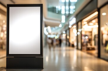 Fototapeta premium An empty, blank, white, square-shaped sign on a wall, with a black frame and reflections of light, in a modern architectural setting