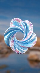 Abstract Swirling 3D Digital Artwork with Blue White Pink Floral Pattern
