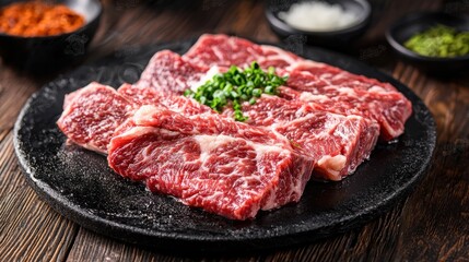 Fototapeta premium A plate of raw beef ribs with garnish on a rustic wooden table.
