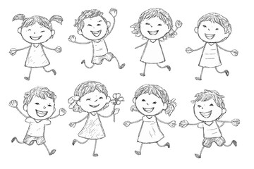 Happy children running and playing together, a pencil sketch vector illustration