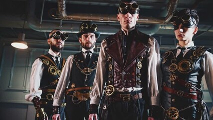 Steampunk-inspired group dressed in creative costumes at an indoor location during a gathering or event