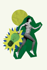 Creative design composite trend artwork collage of silhouette young lady walk aim hand hold idea lamp solution eureka creative think logic