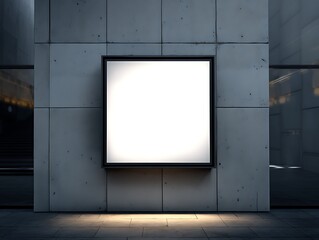 An empty, blank, white, square-shaped sign on a wall, with a black frame and reflections of light, in a modern architectural setting