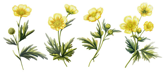 Illustration set of 4 buttercup flowers in watercolor style. Print with wildflowers for decoration. Medical plant for packaging, labels