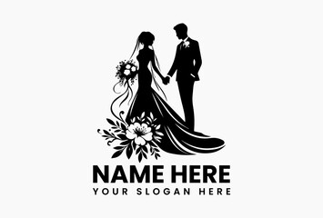 Sophisticated black silhouette vector logo of wedding couple holding hands with floral details  