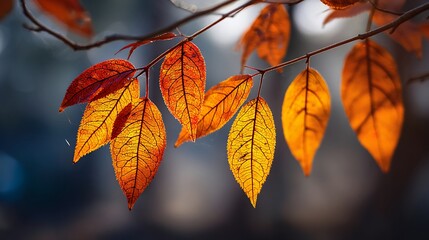 Obraz premium Vibrant autumn leaves on a branch displaying rich shades of orange and yellow amidst nature