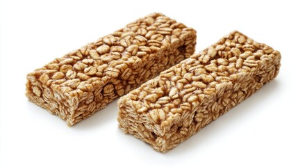Two rectangular, brown, granola bars with a textured surface, placed on a white background.