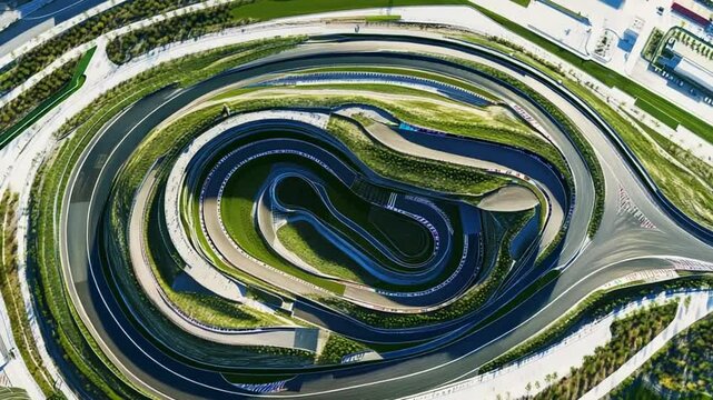 Aerial perspective of a meticulously designed racetrack showcasing precision engineering