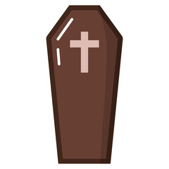 Obraz premium A simple, flat design illustration of a brown cartoon coffin with a light beige cross on top. Vector icon isolated on a white background, suitable for Halloween, funeral, or religious themes.