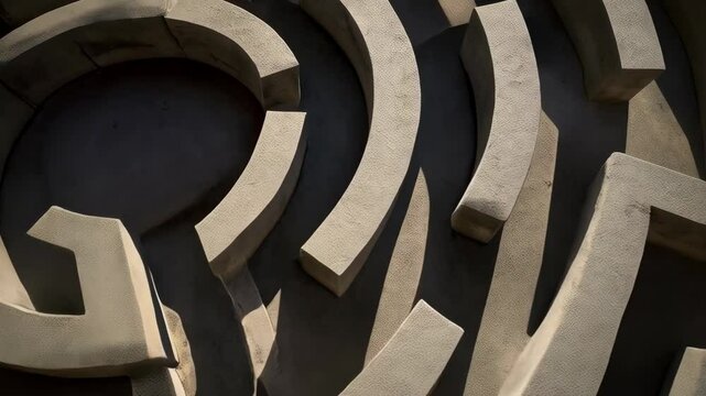 Aerial view of a stone labyrinth, a complex maze pattern, evoking challenges, problem-solving, and the search for a solution.