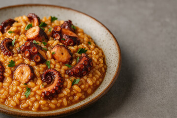 Naklejka premium Flavors of the Sea in a Traditional Dish: Octopus Rice with Tomato and Fresh Herbs from the Heart of Portugal and Spain.