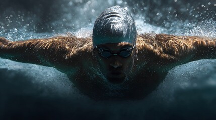 Athletic man executing butterfly stroke while swimming with arms extended in sparkling water