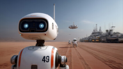 Robots with bright lights navigate the sandy terrain of an alien planet. Their mission involves exploring the area and gathering data for future human expeditions.