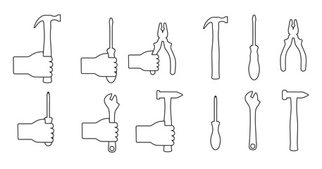 Obraz premium vector illustration of a equipment set. screwdriver hammer pliers english key