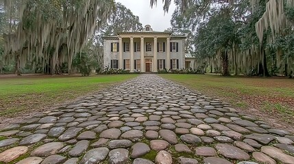 Antebellum plantation home with grand stone driveway and hanging Spanish moss