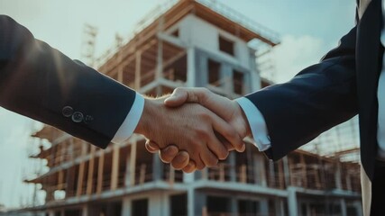 Two businessmen shaking hands in front of a building under construction, natural lighting, business partnership concept - Powered by Adobe
