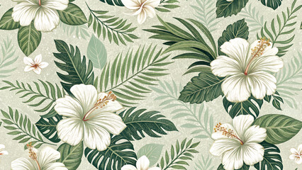 Vector illustration of seamless pattern. White hibiscus flowers, green leaves.