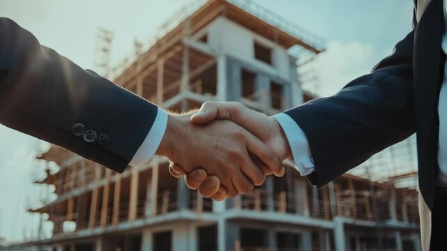 Two businessmen shaking hands in front of a building under construction, natural lighting, business partnership concept