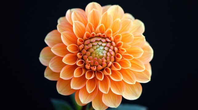 A vibrant orange dahlia flower against a black background. The flower's petals are detailed and the color is rich and warm.