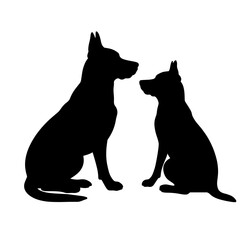 Silhouette of two dogs sitting face to face on white background, pet companionship