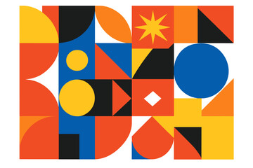Abstract geometric art illustration with circles, squares, triangles, and other shapes in various primary colors on white background