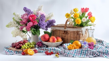 A still life with flowers in a pitcher and basket and fruit on a checkered tablecloth backdrop