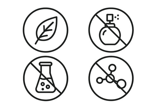 Set of four forbidden vector icons depicting leaf, perfume, lab flask, and molecule indicating no chemicals, no additives and organic product