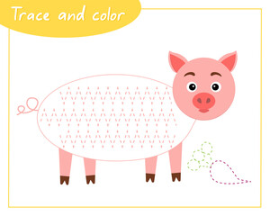 Trace and color pig. Connect the lines. Hand Trainer. Recipe for children