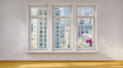 Bright Empty Room with Three Windows and City View