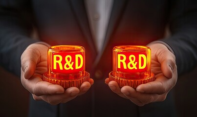 Business hands hold glowing amber lights with RandD text