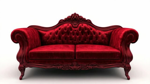 Elegant red tufted vintage sofa with intricate wood carvings, realistic style, isolated on white background, concept of classic luxury furniture