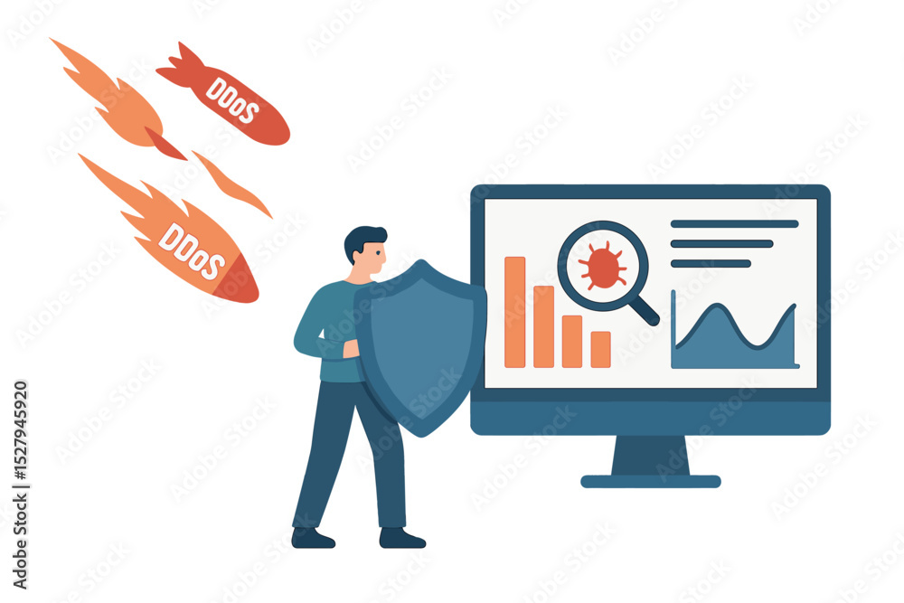 Poster man holding shield protecting computer from ddos attacks and data breach