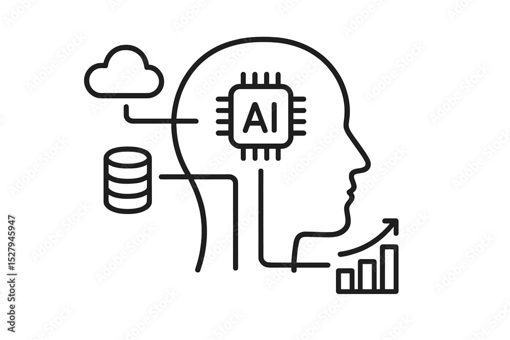 Poster outline icon showing artificial intelligence with brain chip connected to cloud data and growing bus