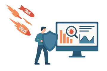 Man holding shield protecting computer from ddos attacks and data breach