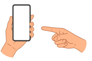 Cartoon vector illustration featuring a hand holding a blank smartphone while another hand points at the screen, isolated on a white background
