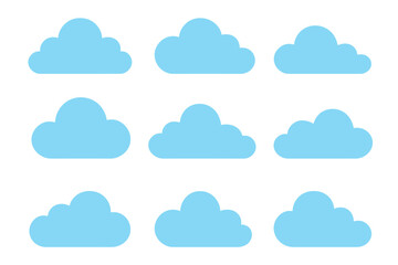 Isolated cartoon vector features a collection of nine blue cloud icons in different shapes